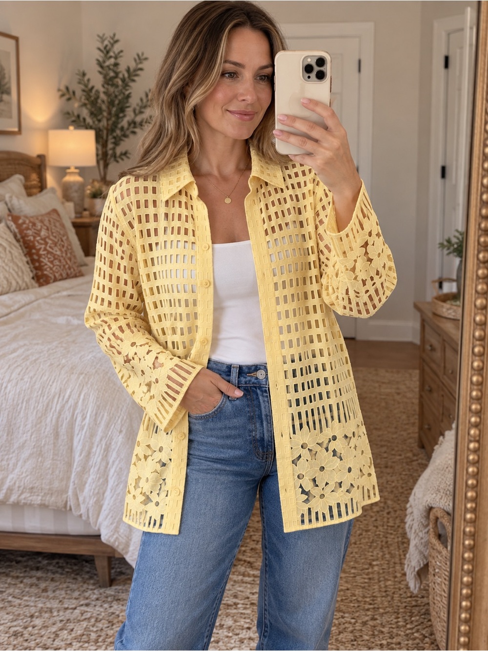 Alfred Dunner Yellow Crochet Openwork Button-Up Coverup